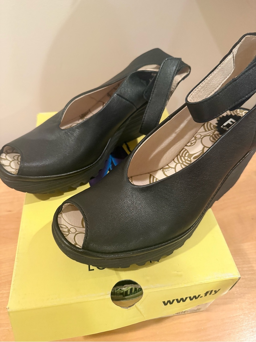 Fly London Black Peep-Toe Platform Wedge Sandals